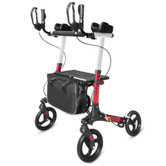 Upright Walkers for Seniors with Seat and Armrest - Outdoor Walkers for Seniors All Terrain, Foldable Rolling Walker with Seat and Brakes, 6 Height Adjustable, Detachable Bag, Red