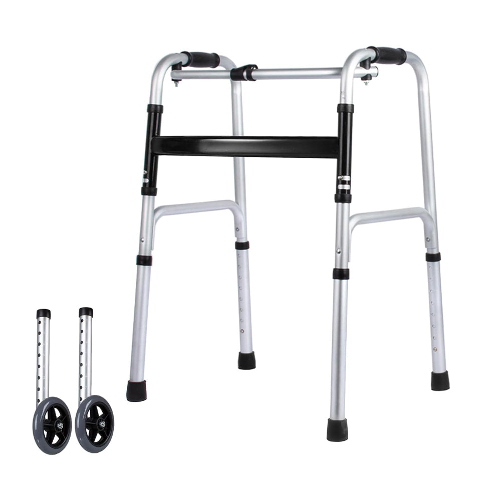 Aluminum Folding Walker with 2 Wheels, 7-Height Adjustable Compact Walkers, Stable Stand Up Walkers, 420 Lbs