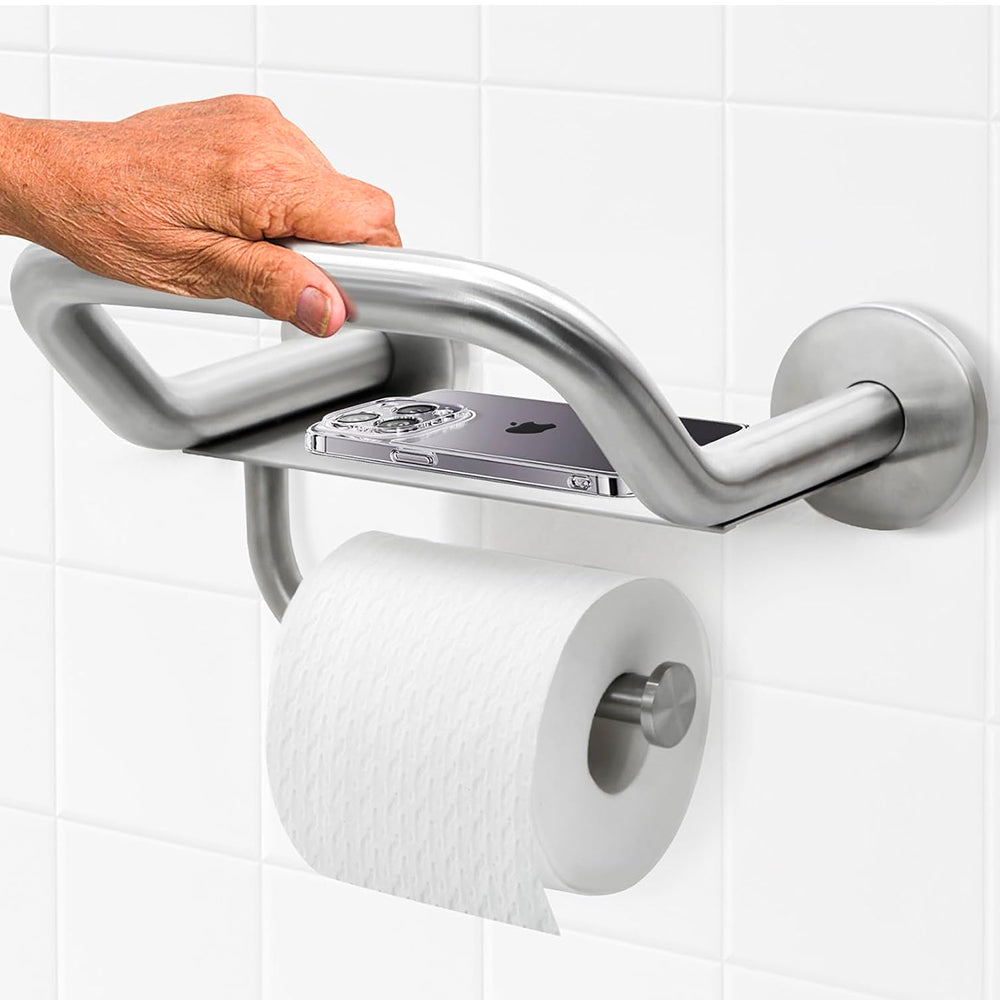 Grab Bar Toilet Paper Holder, 3-in-1 Bathroom Grab Bar with Toilet Holder and Phone Shelf, 304 Stainless Steel Safety Toilet Paper Grab Bar, Wall Mount Toilet Paper Holder