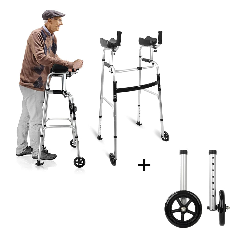 Foldable Stand Up Walker with Armrest Pad+2 Pack Universal Walker Wheels wih Bearings