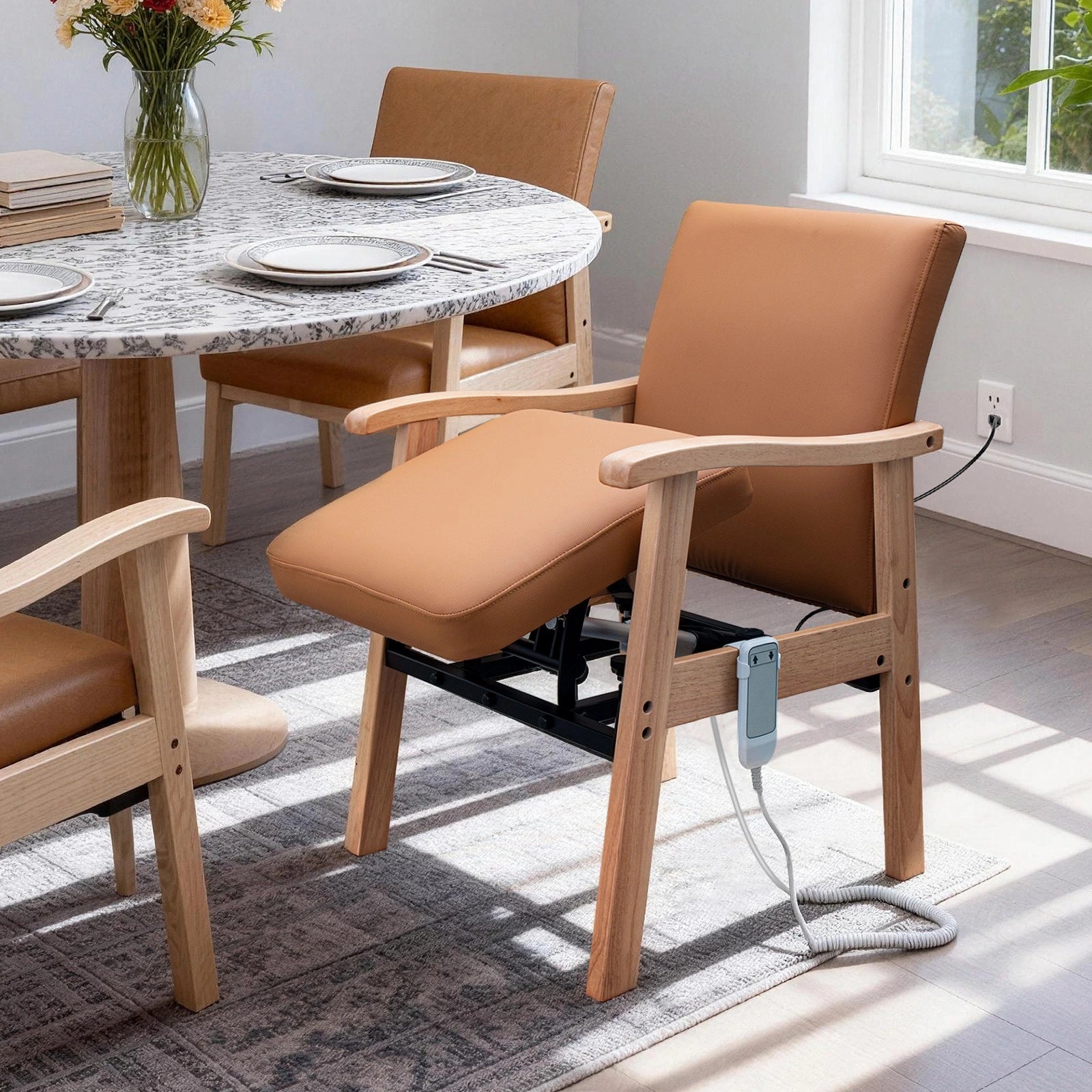 Brown power lift chair with solid wood arms and powered lift seat in a bright dining room