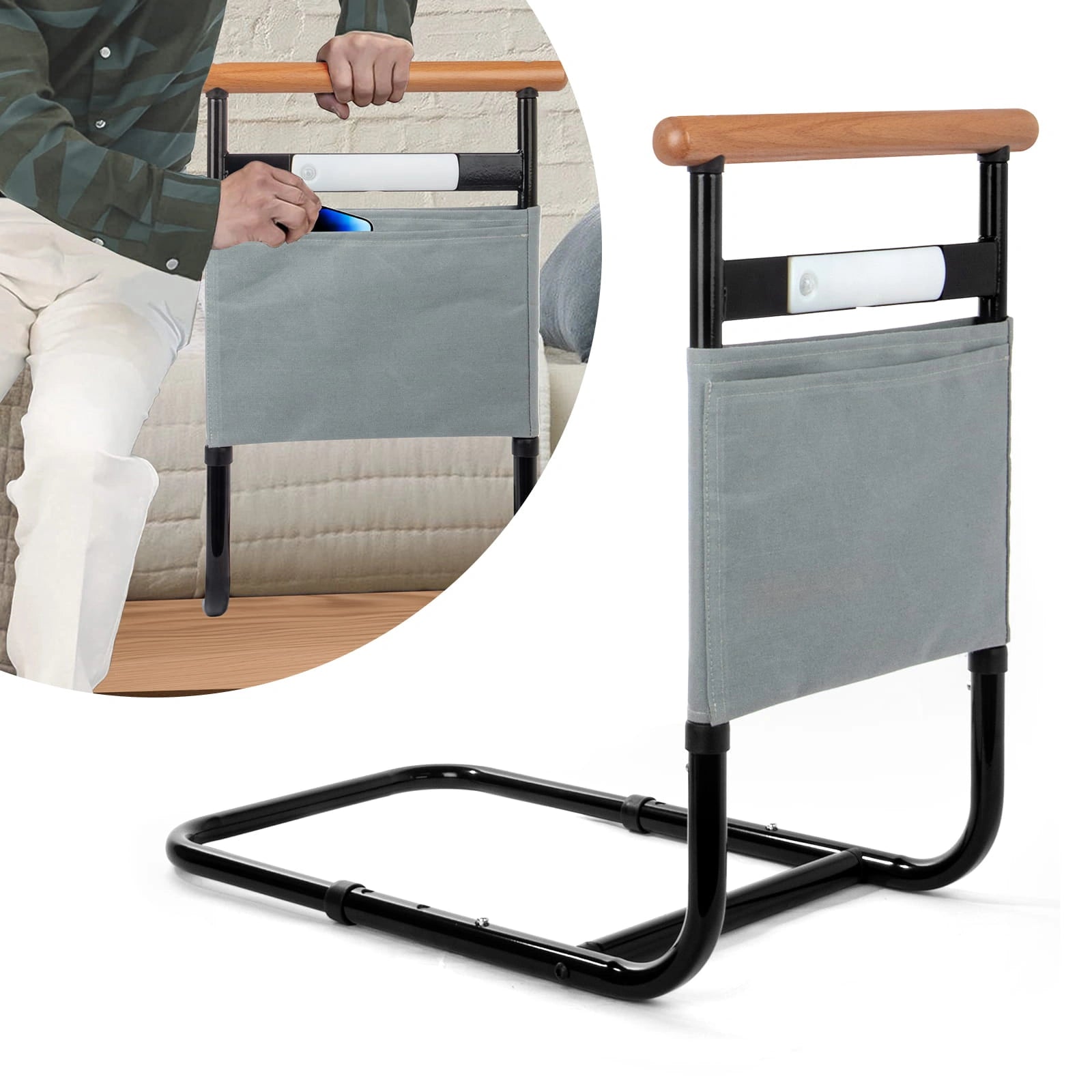 Bed assist rail with wooden handrail, motion sensor light, storage pouch, and sturdy metal frame