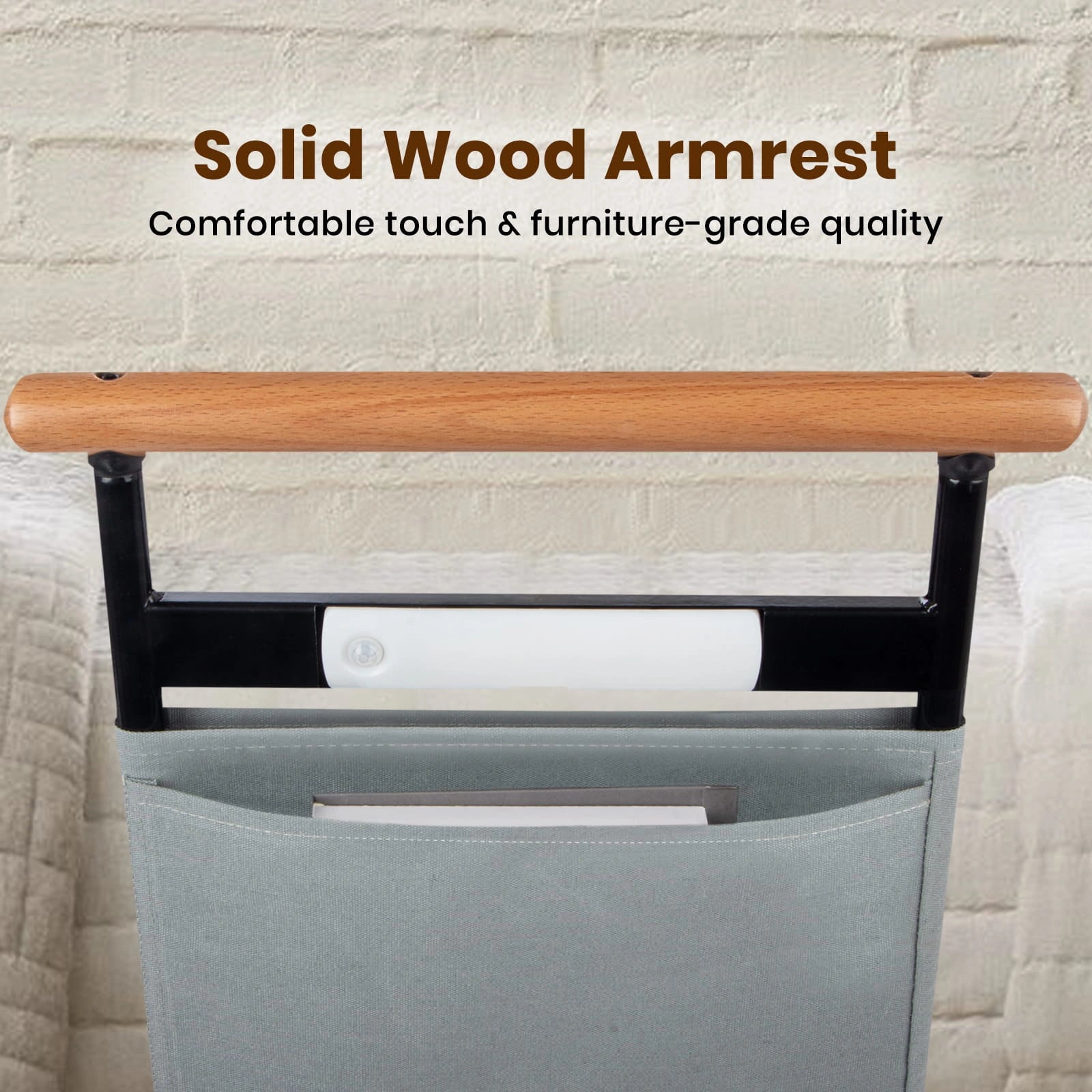 Close-up of solid wood handrail on bed assist rail with built-in safety light and storage pouch
