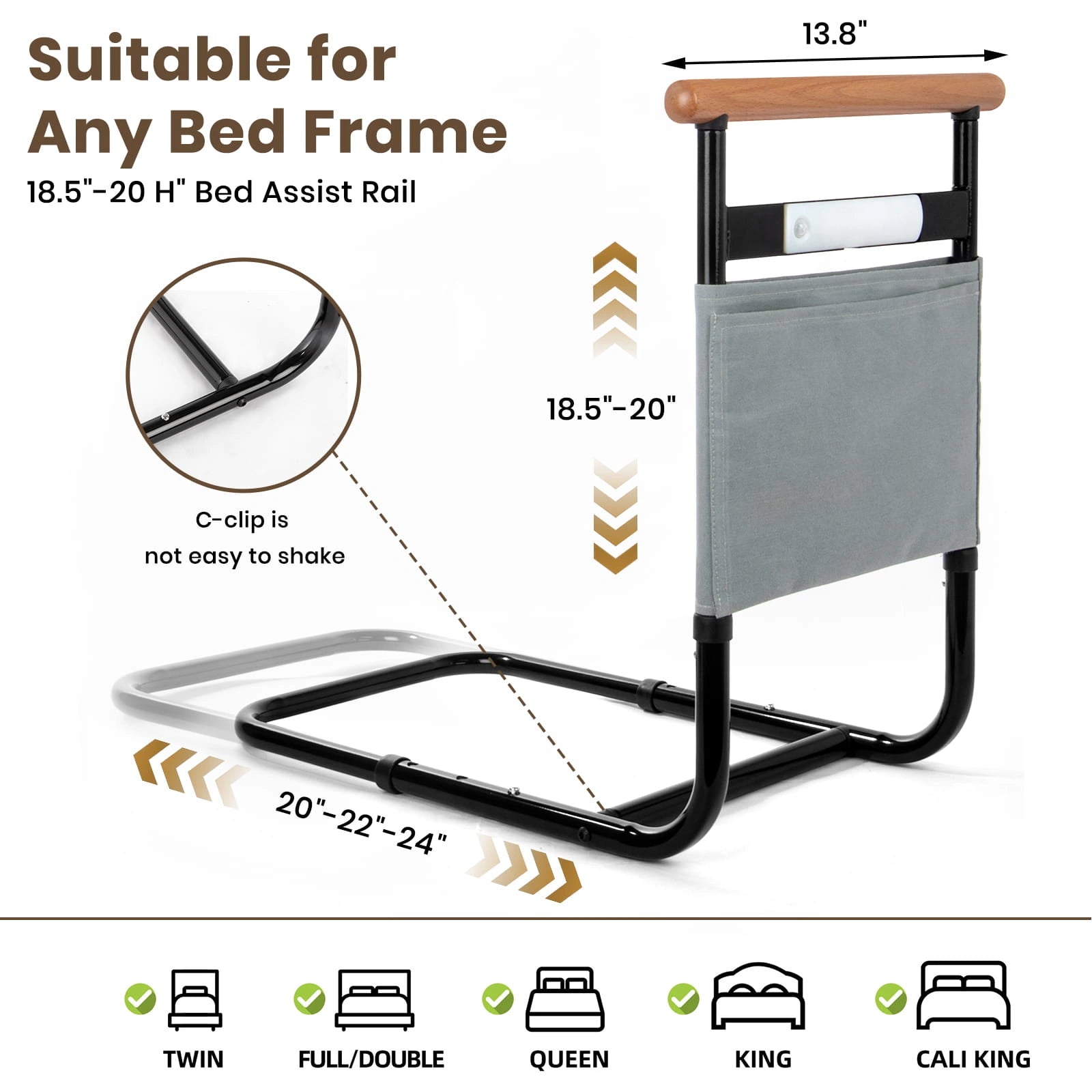 Adjustable bed assist rail dimensions with 13.8-inch handle and support for multiple bed sizes