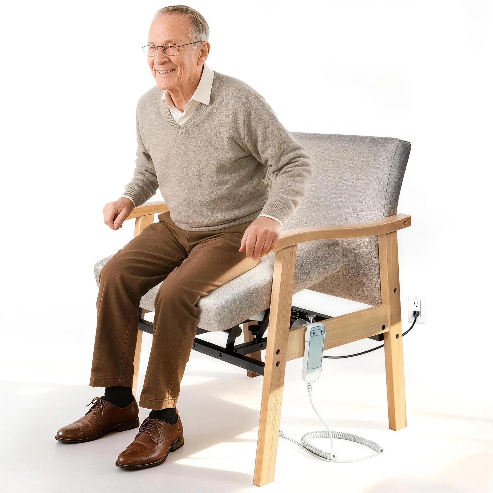 Man sitting on a modern chair with adjustable features on a white background