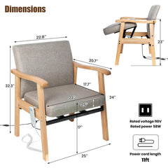 Gray Lift Assist armchair with wooden frame and dimensions labeled on a white background