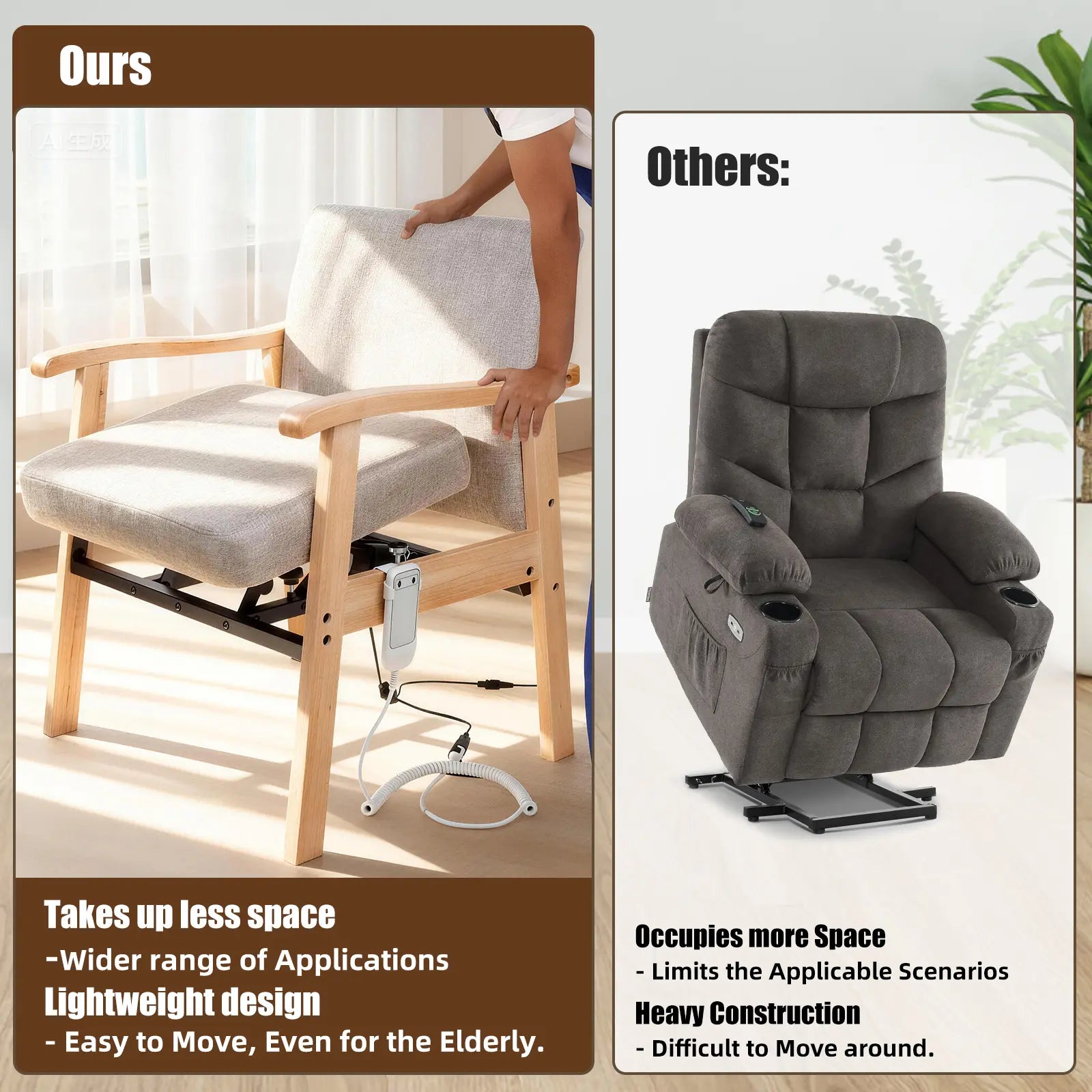 Comparison of a compact lift assist elderly chair with adjustable features and a standard recliner chair.
