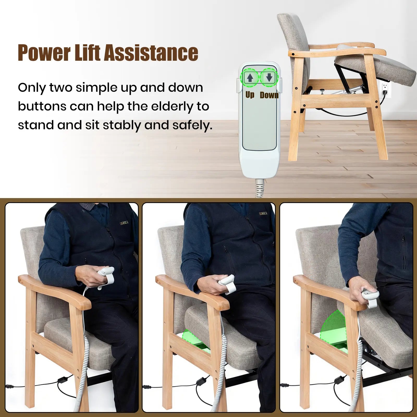 Power lift assistance device for elderly people to stand and sit safely, with a chair and person using the device.