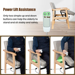 Power lift assistance device for elderly people to stand and sit safely, with a chair and person using the device.