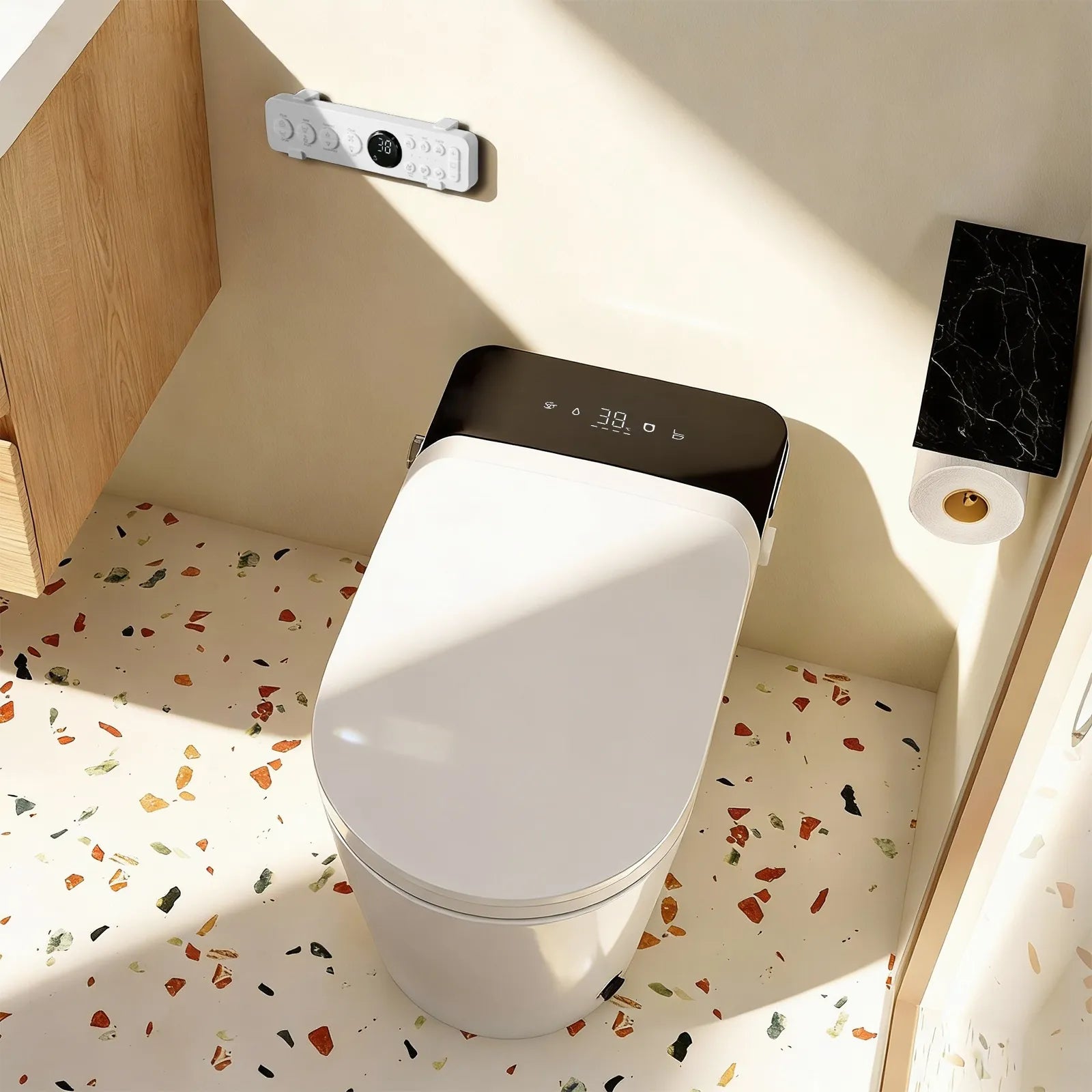 Modern white smart toilet with closed lid and wall-mounted remote control in a bright bathroom