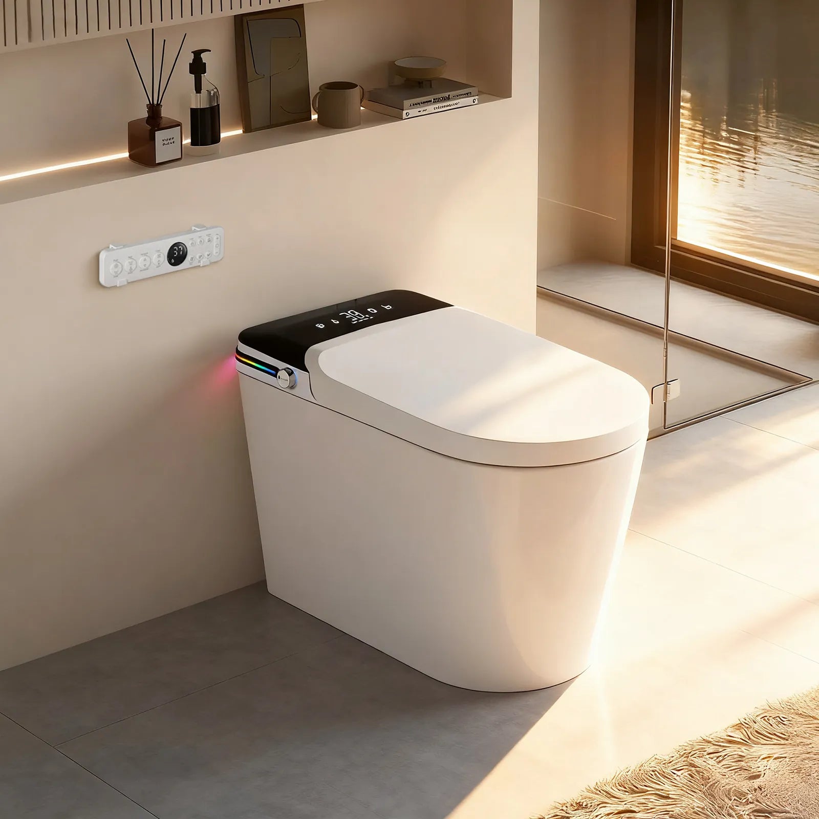 Modern white smart toilet with closed lid, digital display and ambient side lighting in a contemporary bathroom