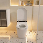 Modern white smart toilet with open lid in a contemporary bathroom with warm ambient lighting