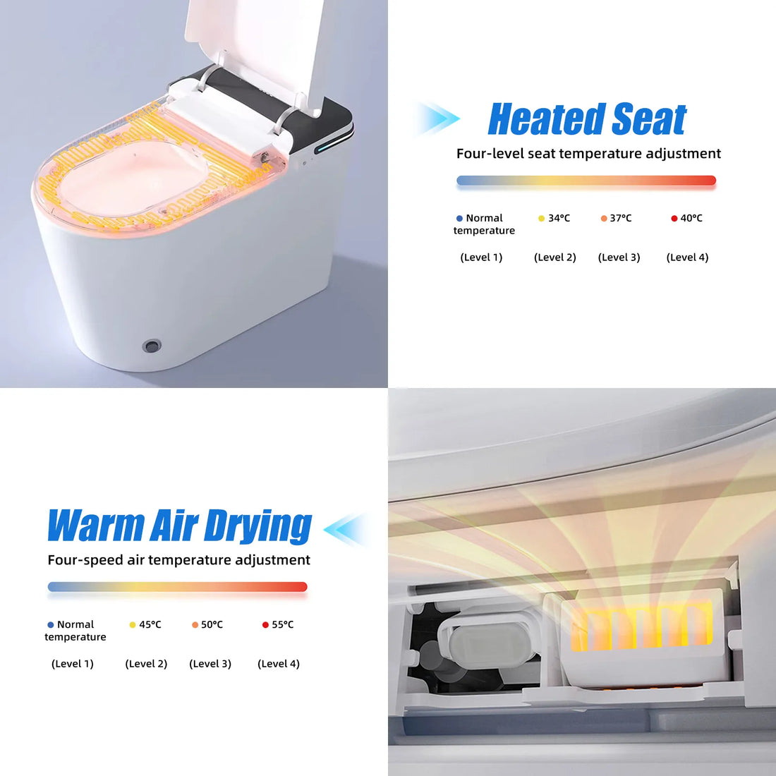 Smart toilet heated seat and warm air dryer with four adjustable temperature levels