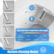 Smart toilet bidet cleaning modes including feminine wash, rear wash, front wash and moving wash with adjustable water temperature