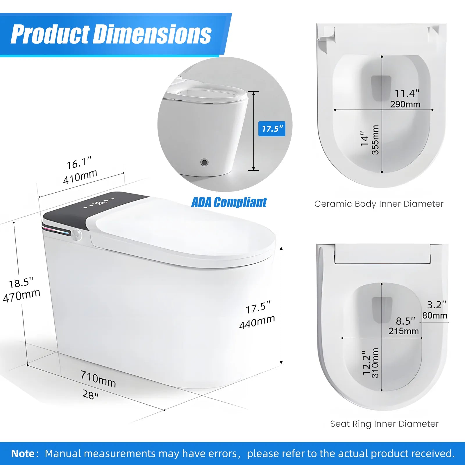 Smart toilet product dimensions showing 28-inch length, 18.5-inch height, 16.1-inch rear width and ADA-compliant seat height