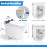 Smart toilet product dimensions showing 28-inch length, 18.5-inch height, 16.1-inch rear width and ADA-compliant seat height