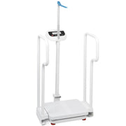 USB rechargeable medical scale with dual handrails, telescopic height rod, digital display, and non-slip weighing platform