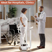 USB rechargeable scale for clinics and eldercare with dual handrails supporting an older adult during measurement