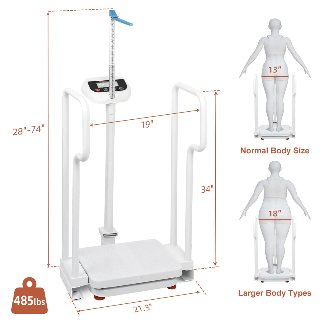 Medical scale dimensions showing 485 lb capacity, adjustable height measurement rod, and wide dual handrail support