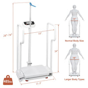 Medical scale dimensions showing 485 lb capacity, adjustable height measurement rod, and wide dual handrail support