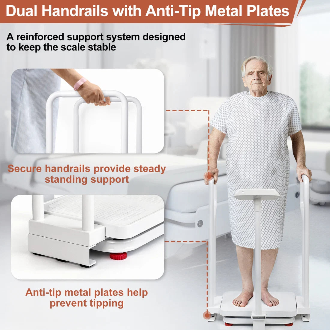 Medical scale with dual safety handrails and anti-tip metal plates for stable standing support