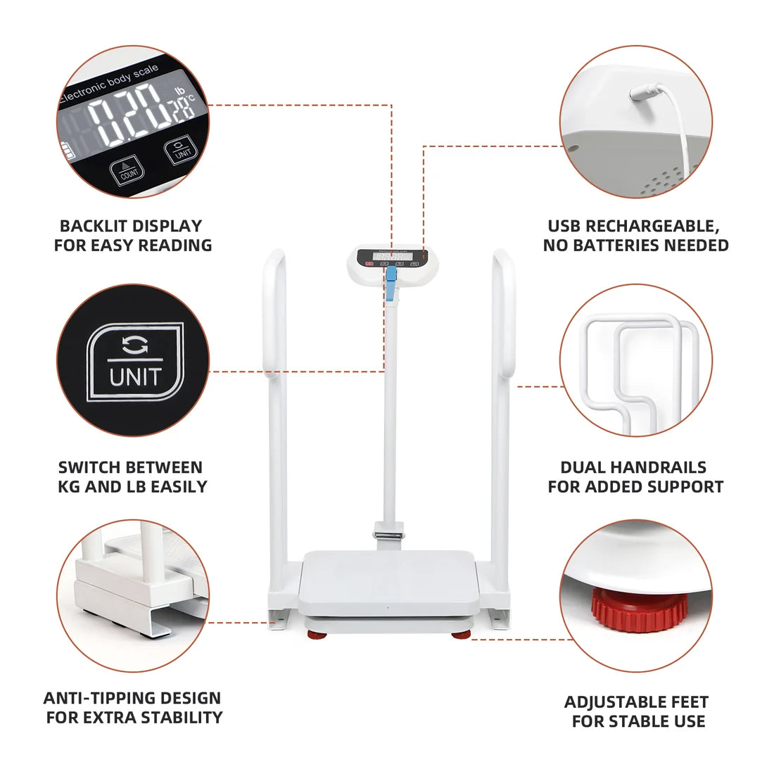 USB rechargeable medical scale with backlit display, kg and lb switching, dual handrails, anti-tip design, and adjustable feet
