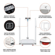 USB rechargeable medical scale with backlit display, kg and lb switching, dual handrails, anti-tip design, and adjustable feet