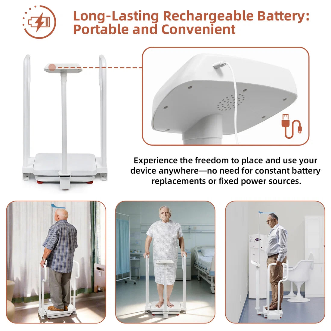 Portable USB rechargeable scale for clinics and eldercare with long-lasting battery and dual support handrails