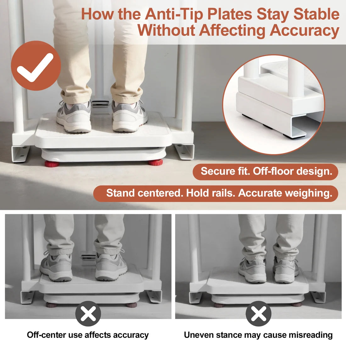 Medical scale with anti-tip plates showing proper centered standing position for stable and accurate weighing